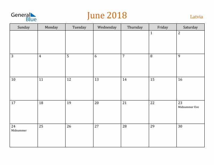 June 2018 Holiday Calendar with Sunday Start