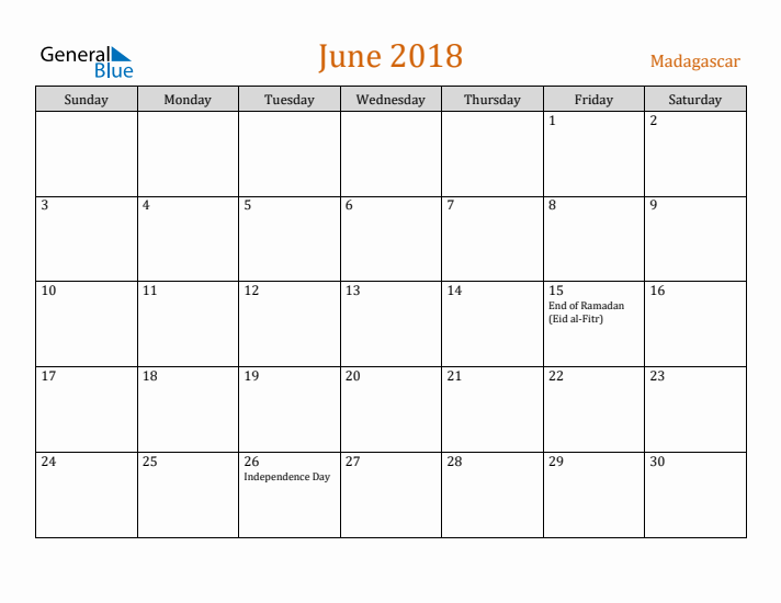 June 2018 Holiday Calendar with Sunday Start