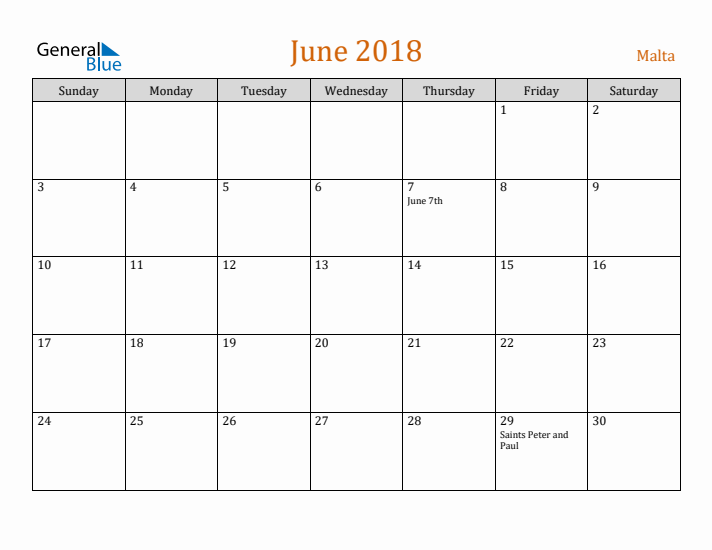 June 2018 Holiday Calendar with Sunday Start