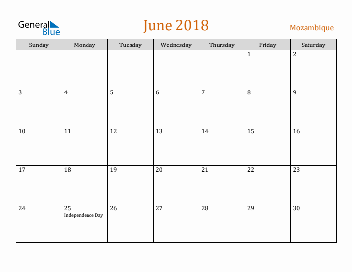 June 2018 Holiday Calendar with Sunday Start