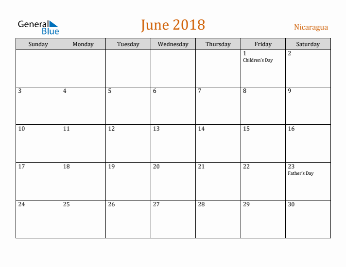 June 2018 Holiday Calendar with Sunday Start