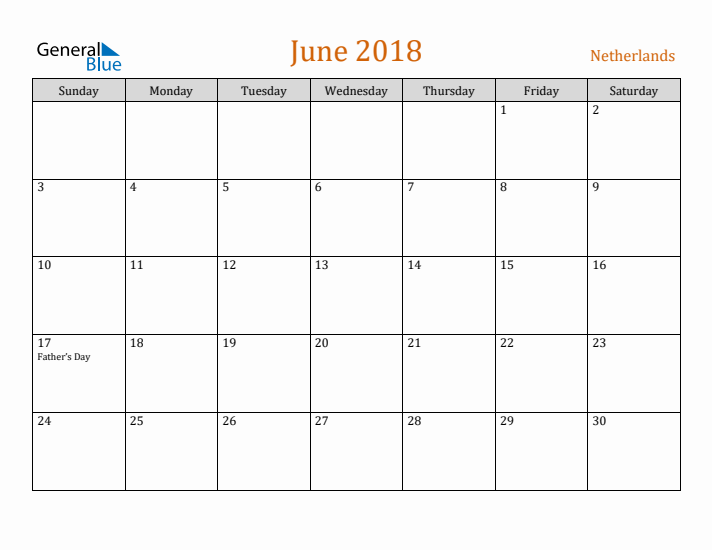 June 2018 Holiday Calendar with Sunday Start