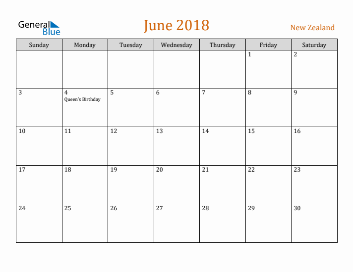 June 2018 Holiday Calendar with Sunday Start