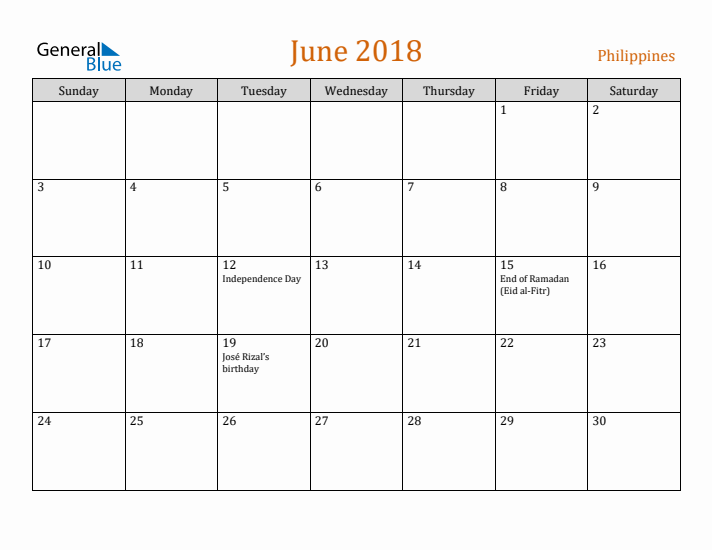 June 2018 Holiday Calendar with Sunday Start