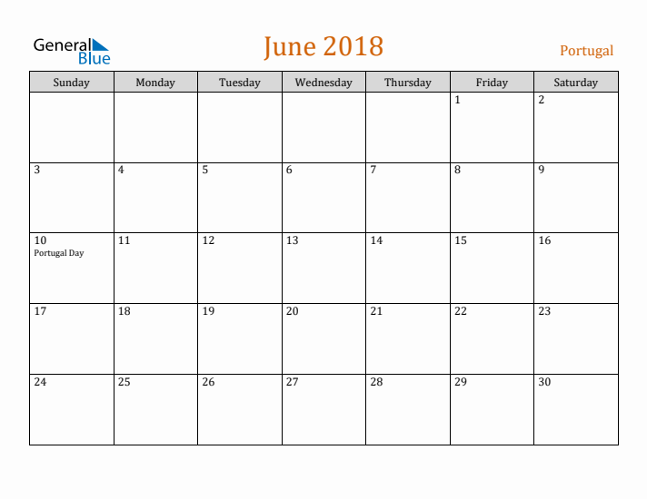 June 2018 Holiday Calendar with Sunday Start