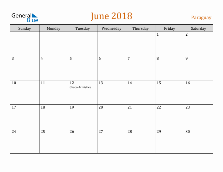 June 2018 Holiday Calendar with Sunday Start