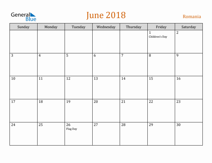 June 2018 Holiday Calendar with Sunday Start