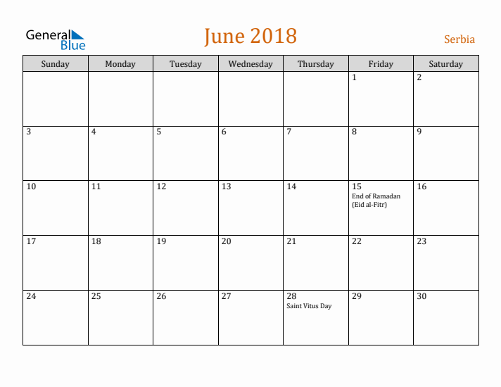 June 2018 Holiday Calendar with Sunday Start