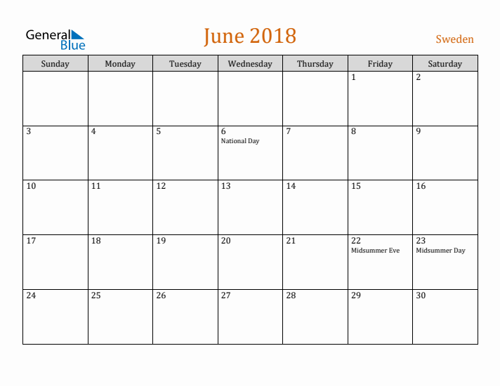 June 2018 Holiday Calendar with Sunday Start