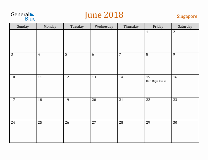 June 2018 Holiday Calendar with Sunday Start