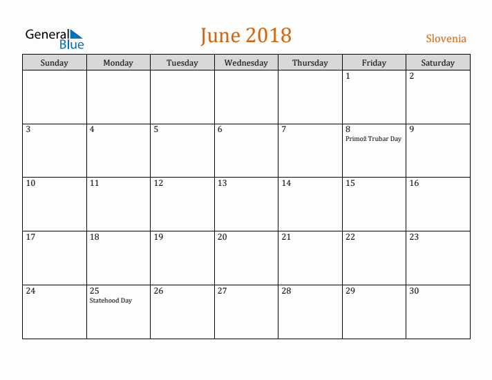 June 2018 Holiday Calendar with Sunday Start