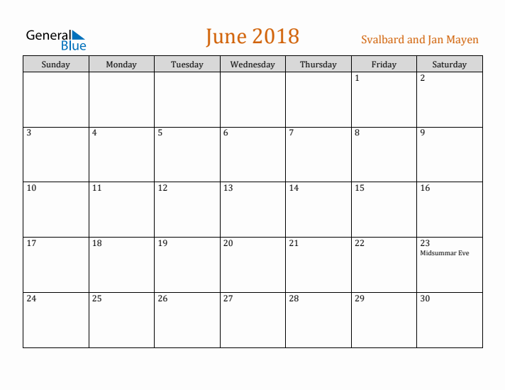 June 2018 Holiday Calendar with Sunday Start