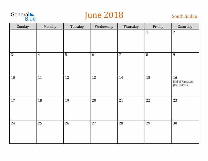 June 2018 Holiday Calendar with Sunday Start