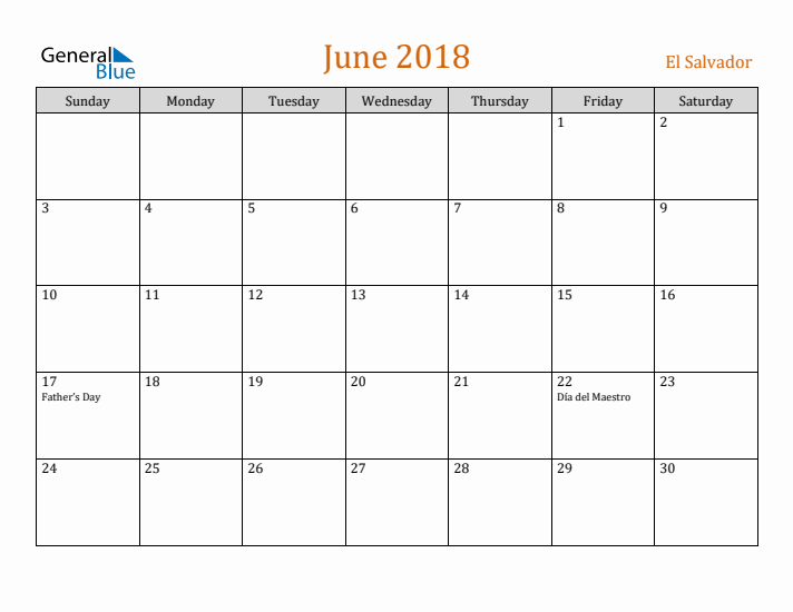 June 2018 Holiday Calendar with Sunday Start