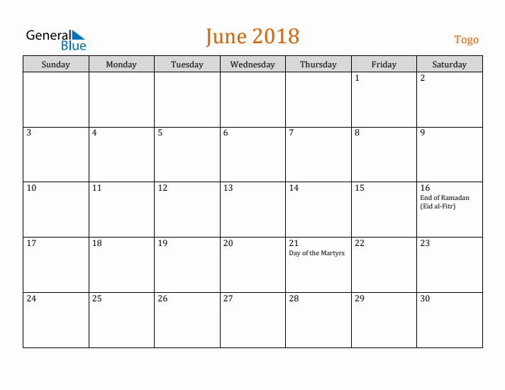 June 2018 Holiday Calendar with Sunday Start