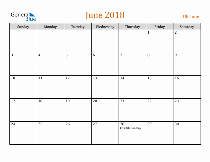 June 2018 Holiday Calendar with Sunday Start