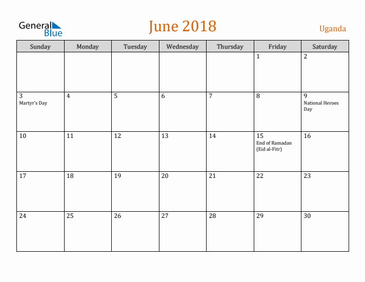 June 2018 Holiday Calendar with Sunday Start