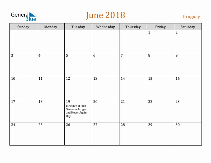 June 2018 Holiday Calendar with Sunday Start