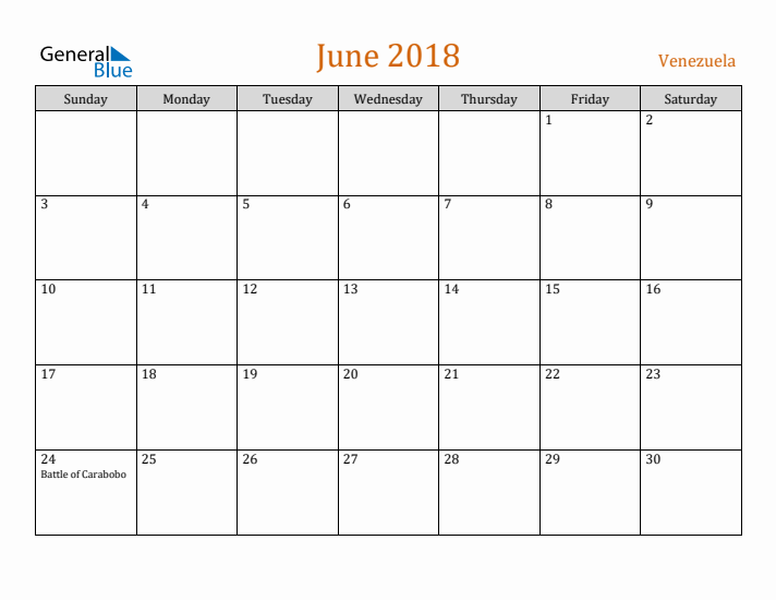 June 2018 Holiday Calendar with Sunday Start