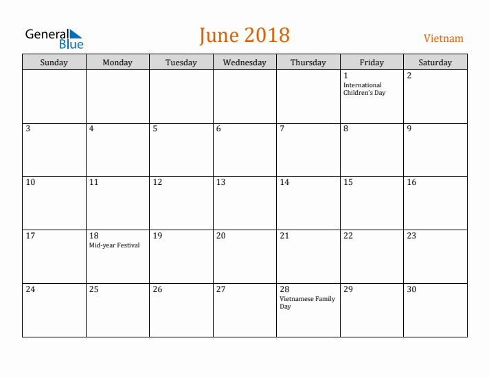 June 2018 Holiday Calendar with Sunday Start