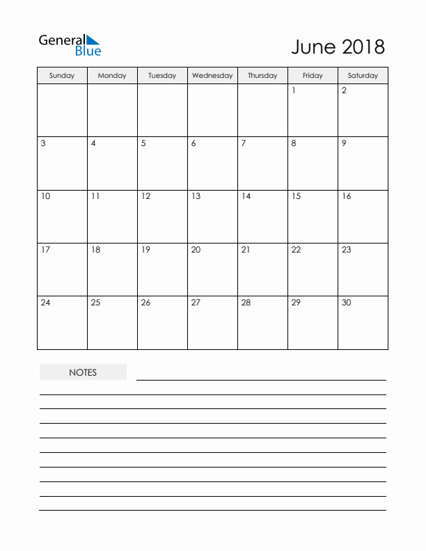 Printable Calendar with Notes - June 2018 