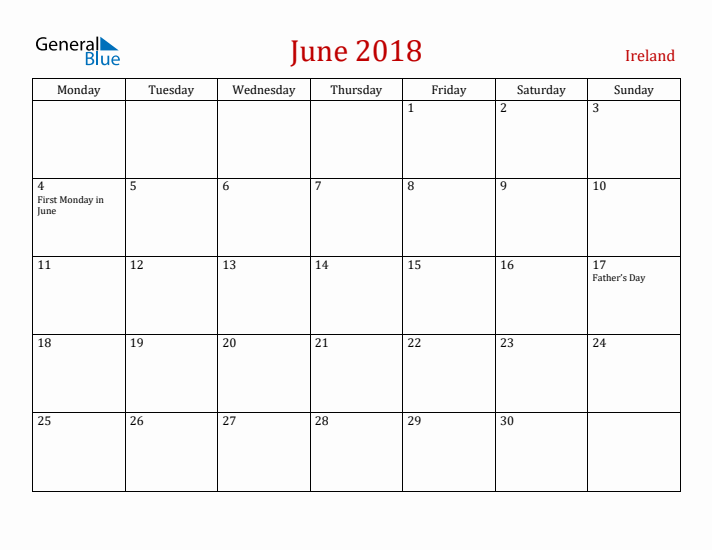 Ireland June 2018 Calendar - Monday Start