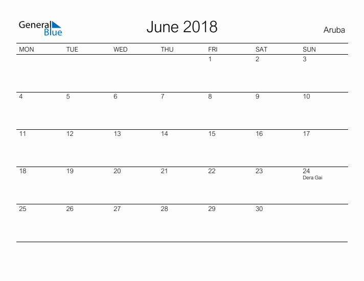 Printable June 2018 Calendar for Aruba