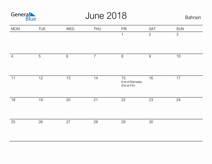 Printable June 2018 Calendar for Bahrain