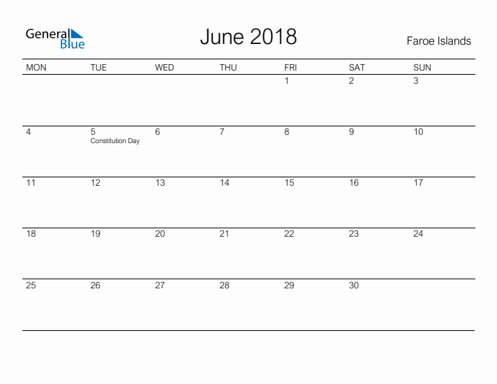 Printable June 2018 Calendar for Faroe Islands