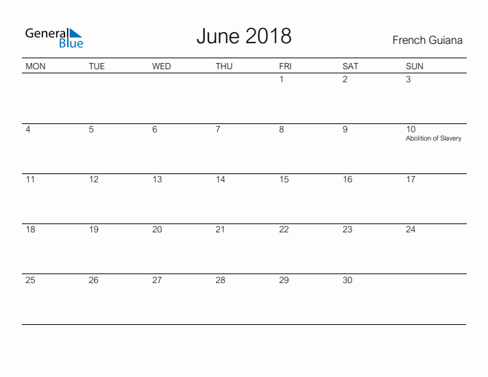 Printable June 2018 Calendar for French Guiana