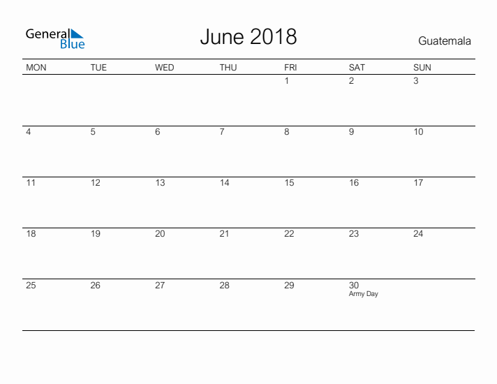 Printable June 2018 Calendar for Guatemala