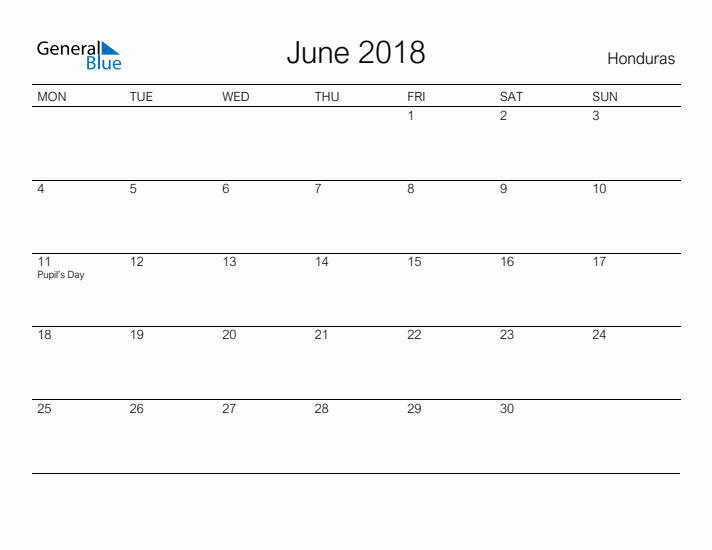 Printable June 2018 Calendar for Honduras