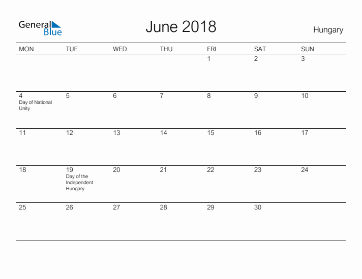 Printable June 2018 Calendar for Hungary