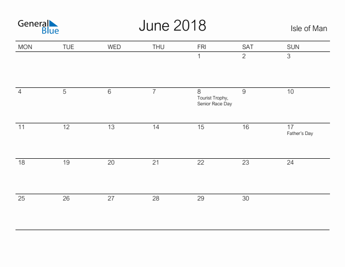 Printable June 2018 Calendar for Isle of Man