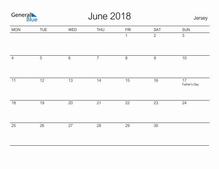 Printable June 2018 Calendar for Jersey