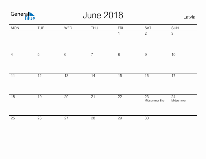 Printable June 2018 Calendar for Latvia