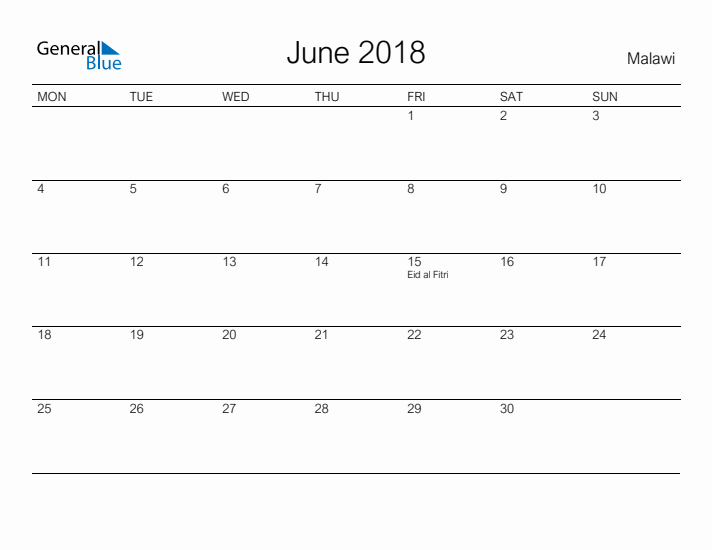 Printable June 2018 Calendar for Malawi