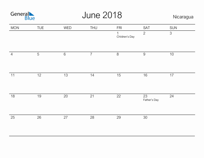 Printable June 2018 Calendar for Nicaragua