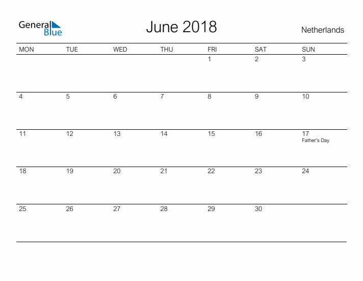 Printable June 2018 Calendar for The Netherlands