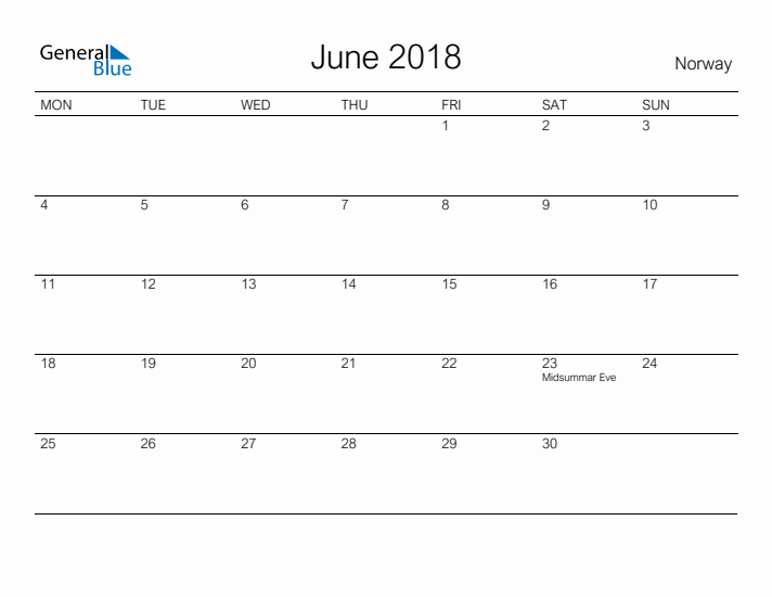 Printable June 2018 Calendar for Norway