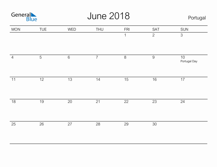 Printable June 2018 Calendar for Portugal