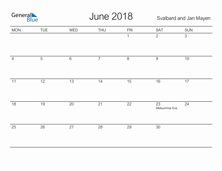 Printable June 2018 Calendar for Svalbard and Jan Mayen