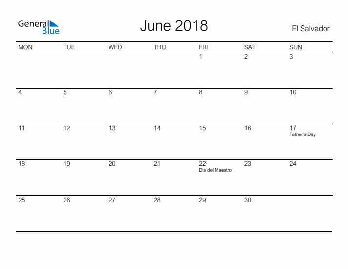 Printable June 2018 Calendar for El Salvador