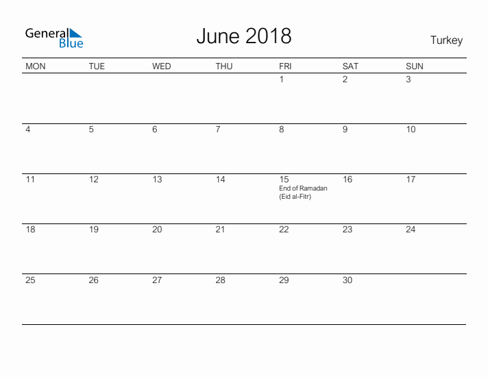 Printable June 2018 Calendar for Turkey