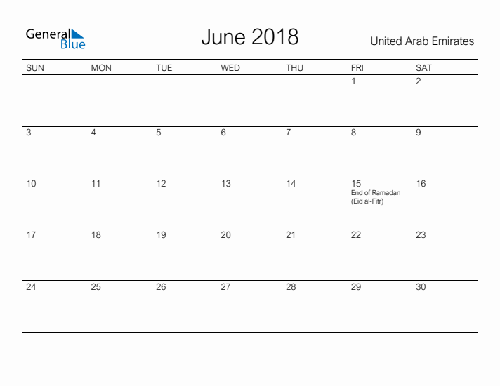 Printable June 2018 Calendar for United Arab Emirates