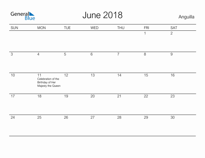 Printable June 2018 Calendar for Anguilla