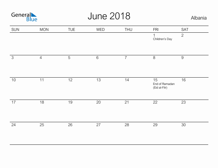 Printable June 2018 Calendar for Albania