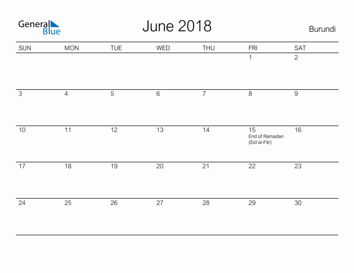 Printable June 2018 Calendar for Burundi