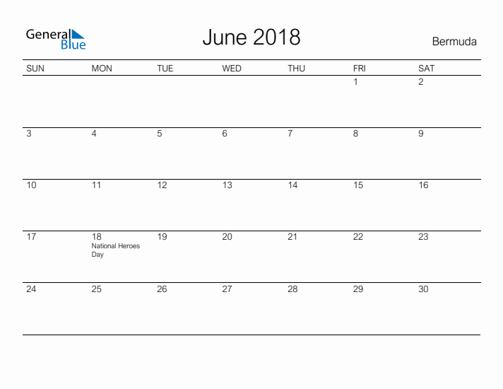 Printable June 2018 Calendar for Bermuda