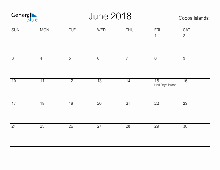 Printable June 2018 Calendar for Cocos Islands